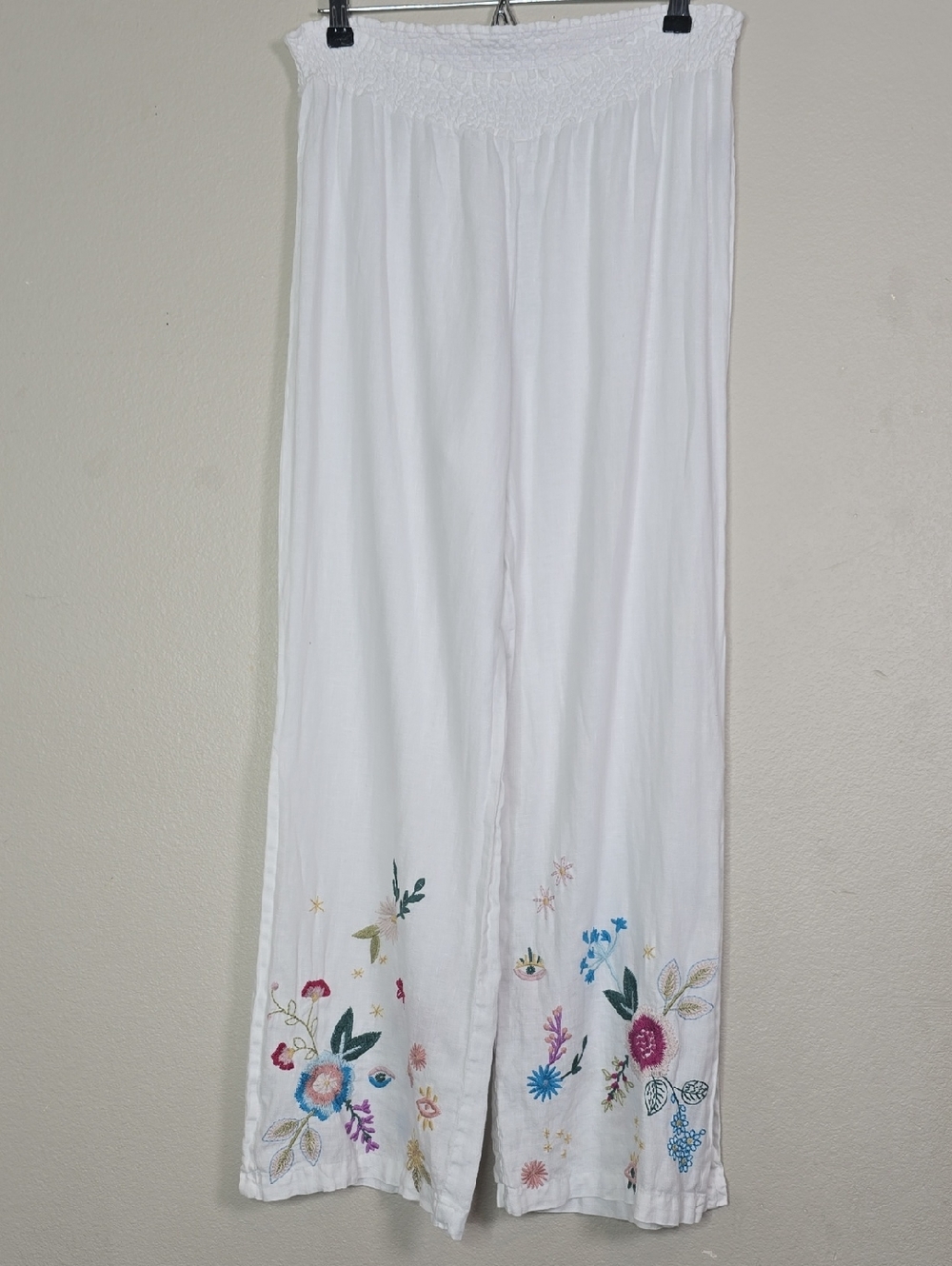 Jhonny Was Martini High Slit White Wide-Leg Linen Embroidered Floral Palazo M. - Picture 2 of 11